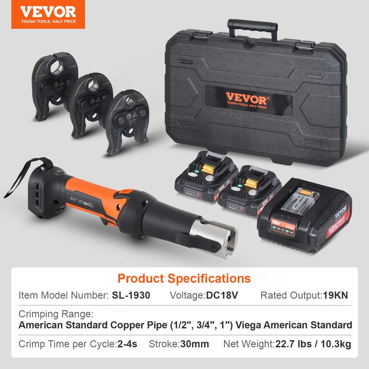 SucceBuy Mini Pro Press Tool 18V Electric Pipe Crimping Tool for 1/2" 3/4" 1" Copper Pipes Press Tool Kit w/ 3 Jaws 2pcs Battery