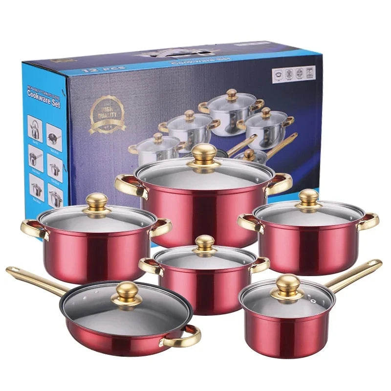 12PCS Stainless Steel Colored Cookware Set Milk Pot Pan Frying Pot Kitchenware Non-stick Pan Gold-plated Handle Soup Pot