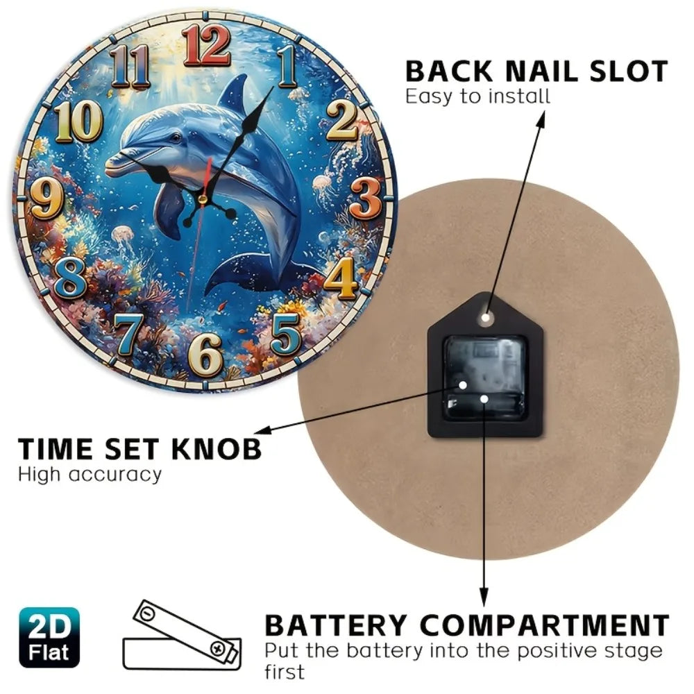 1pc Coral Reef Dolphin Nursery Wall Clock - Silent Non-Ticking Round Room Decor with Wood Frame, Coral Reef & Dolphin Suitable f