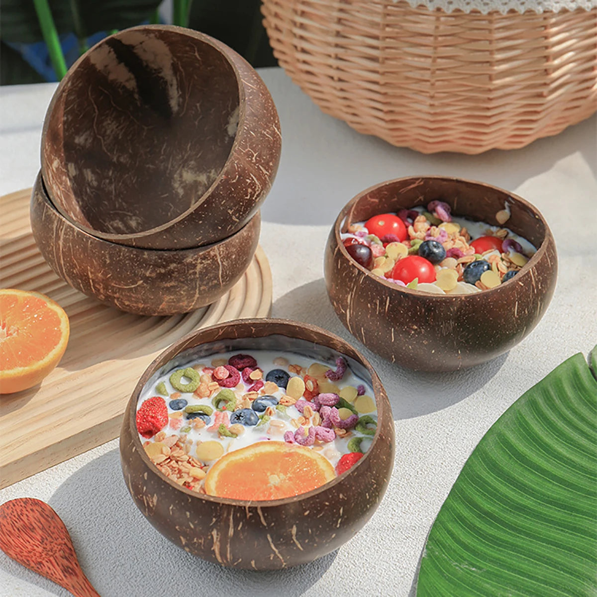 Natural Coconut Shell Bowl And Spoon Set For Serving Dishes Salad Wooden Reusable Kitchen Tableware Coconut Bowls Fruit Bowl