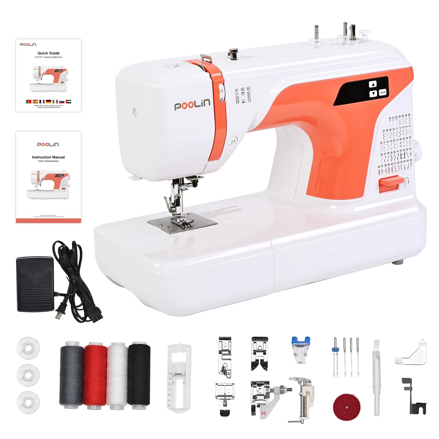 POOLIN EOC01 Computerized Sewing Machine For Homeuse With 2 Sewing Modes and 107 Stitch Applications,8 Included Presser Feet