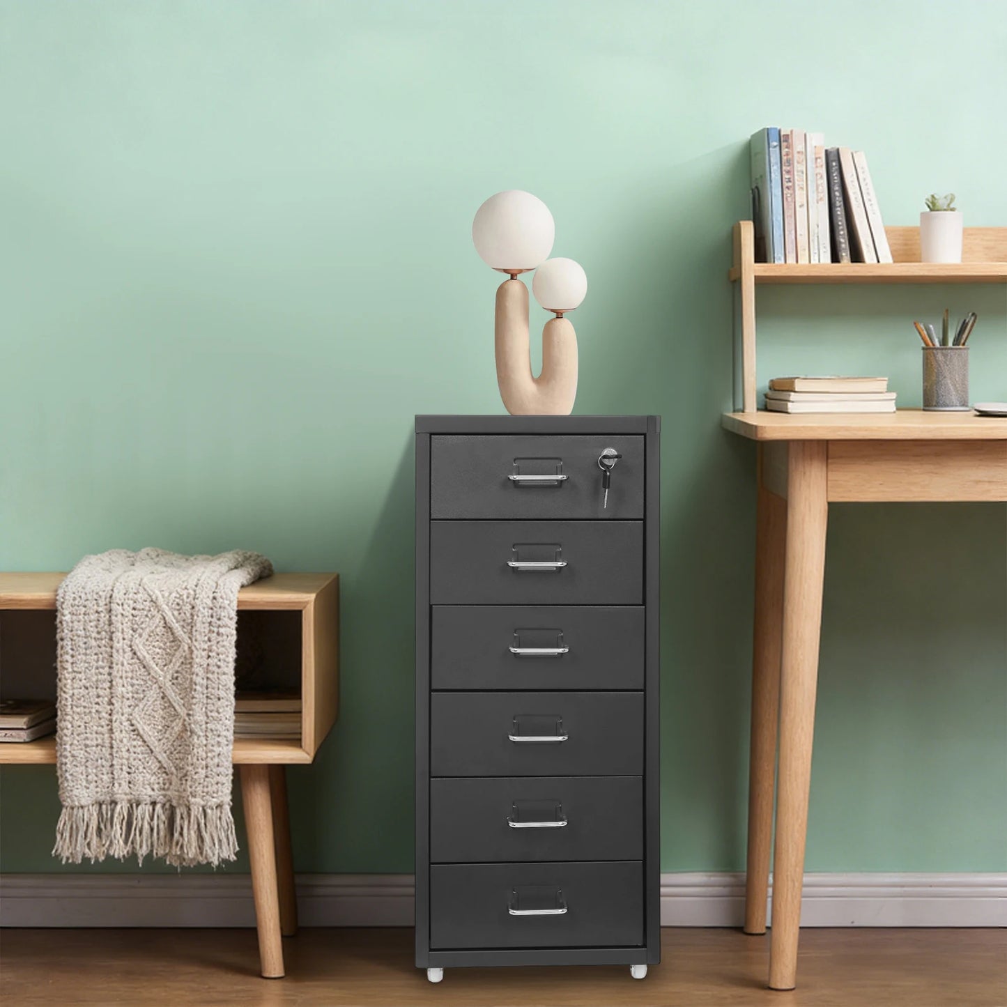 Vertical File Cabinet 6-Drawer Metal Lockable Filing Cabinet with Wheels 22lbs Capacity per Tier for Home Office Study
