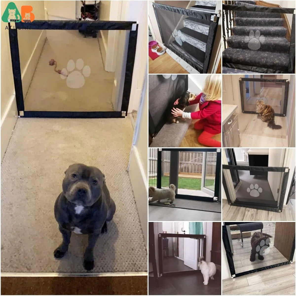 ATUBAN Dog Gate 39.3"x31.5" No Drill/Self-Adhesive,Adjustable,for Stairways,Doorways,Bedroom,Kitchen Pet Mesh Gate for Hallways