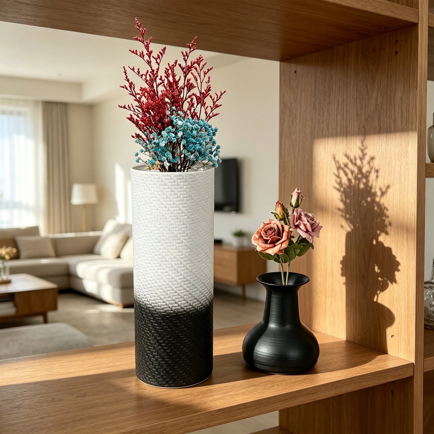 3-Tier Metal Floor Vases Set, Black & White Leaf Pattern Tall Vases, Modern Art Home Decor for Living Room Entryway