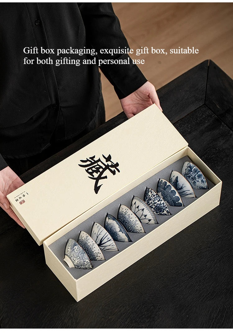 10pcs/box Blue and White Porcelain Tea Bowls Ceramic Kung Fu Small Teacups Single Master Cup with Gift Box Packaging Teaware Set