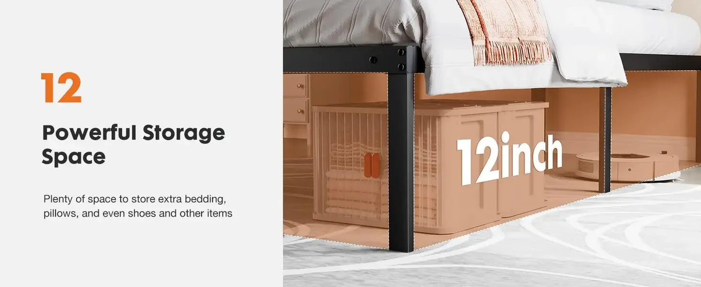 Heavy Duty Metal Bed Frame 14 Inch Platform Bed Base with Under Bed Storage Sturdy Steel Slat Support No Box Spring Needed Noise Free Mattress Foundation Easy Assembly Iron Bedroom Furniture