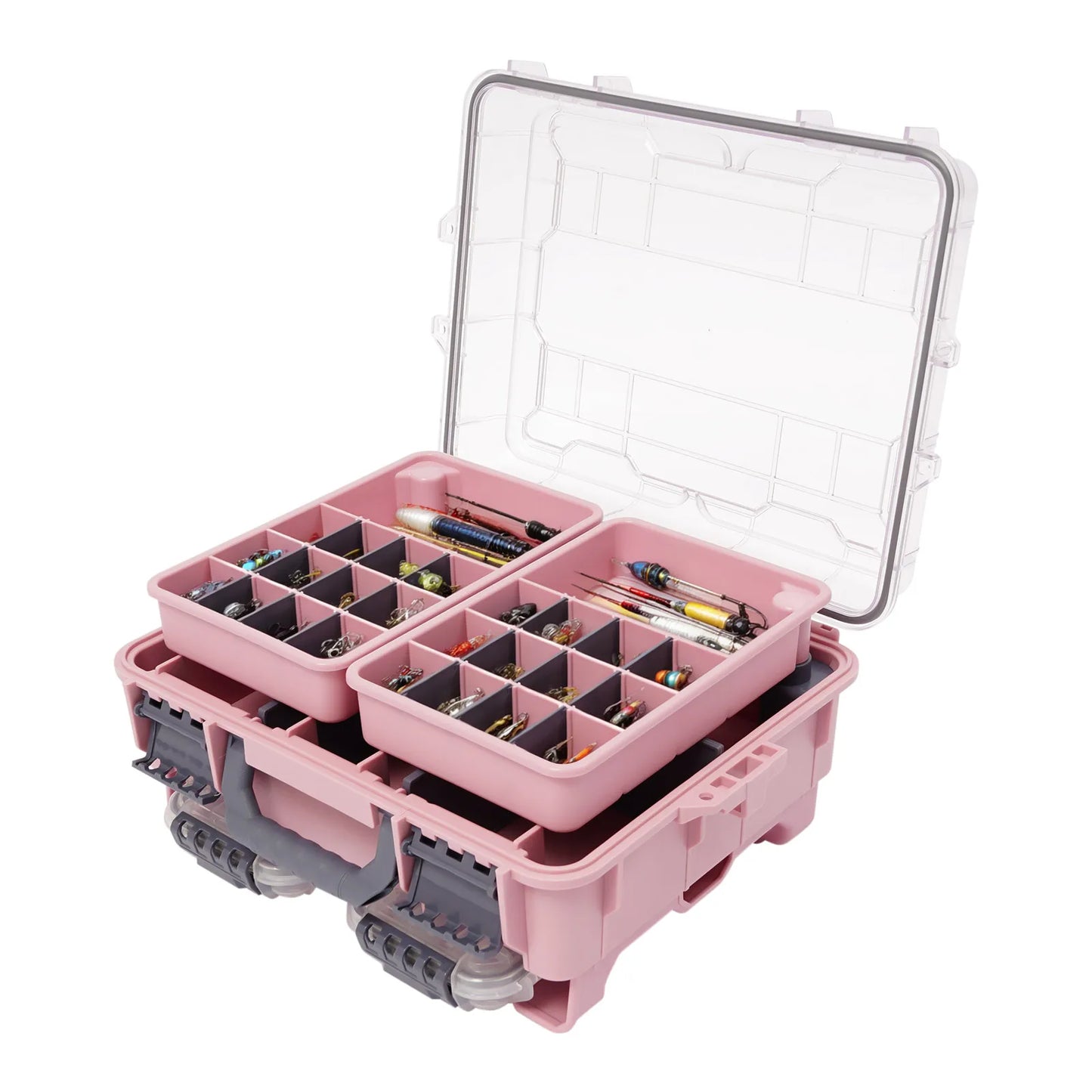 Fishing Tackle Box Small Tackle Storage Box Large Capacity Pink Multi-layer Organizer Removable Slots DIY Tray Portable Lure Bait Hook Line Container Double Lock Secure Thickened PP Waterproof Durable Outdoor Case for Fishing