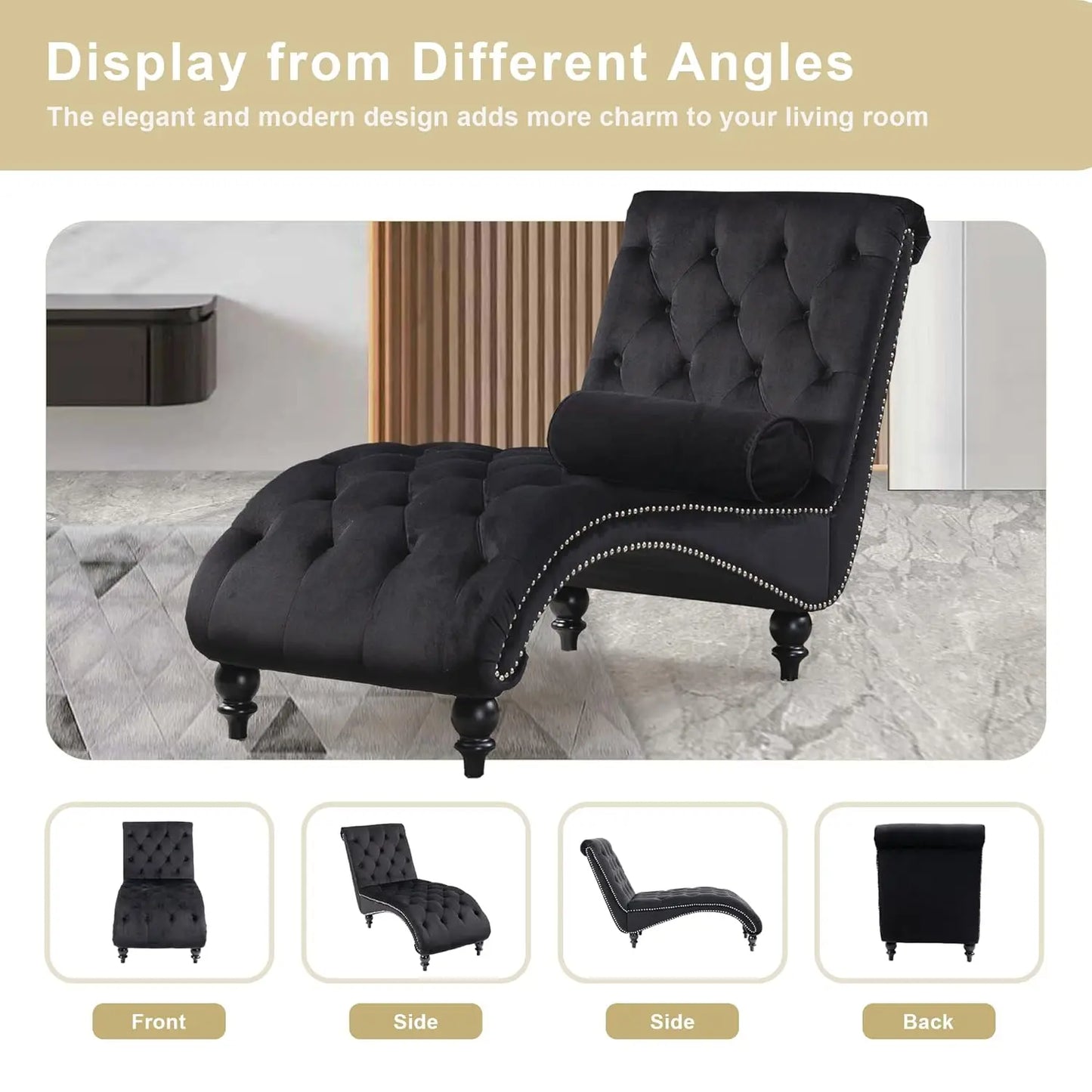 Velvet Tufted Chaise Lounge Chair With Pillow For Living