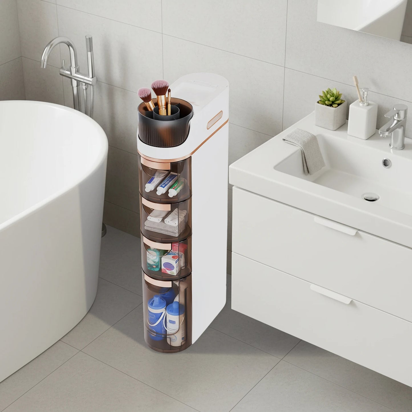 Slim Bathroom Storage, PP Material, Large Bottom Drawer 5.71x15.7x11.61Inch with 3 Small Drawers, 4-Drawer Makeup Organizer for Bedroom, Office