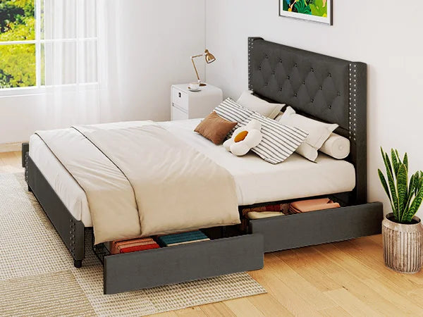 81.50×55.12×48.43inch Full Size Bed Frame w Upholstered Button Tufted Headboard Wood Slat Support Metal Platform Bed Frame