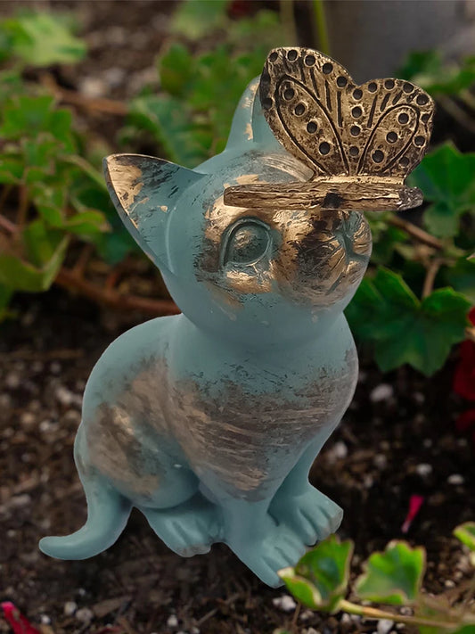 Resin Kitten Statue with Butterfly Ornament Cat Animal Sculpture Handicraft Waterproof Home Decor for Courtyard Lawn