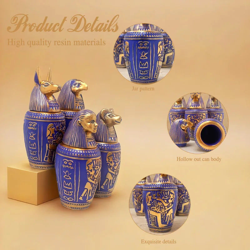 Egyptian Canopic Jars Set, Ancient Egypt God Figurines Statues, Blue & Gold Resin Decor for Home Office Bookshelf Halloween Part