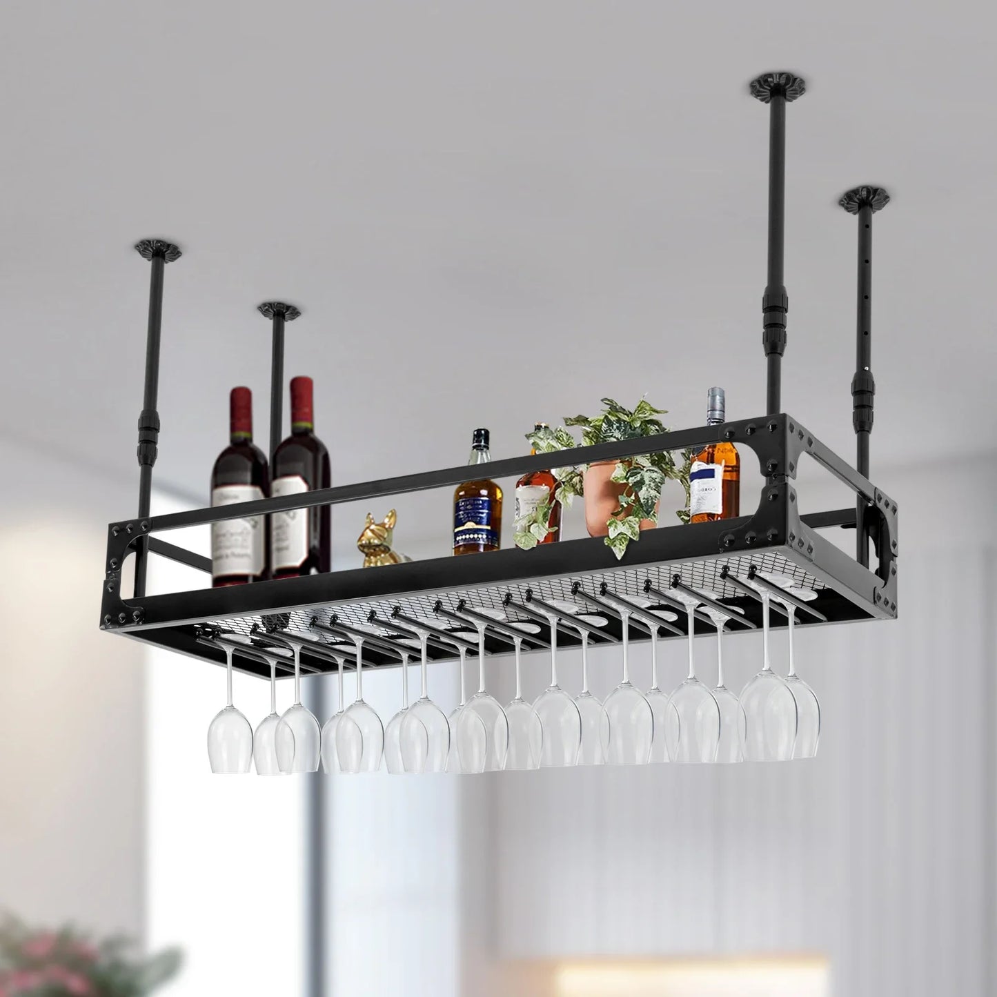 Industrial Vintage Bar Floating Shelf，Ceiling Mount Iron Wine Rack，Glass Hanging Holder Stemware Storage Organizer