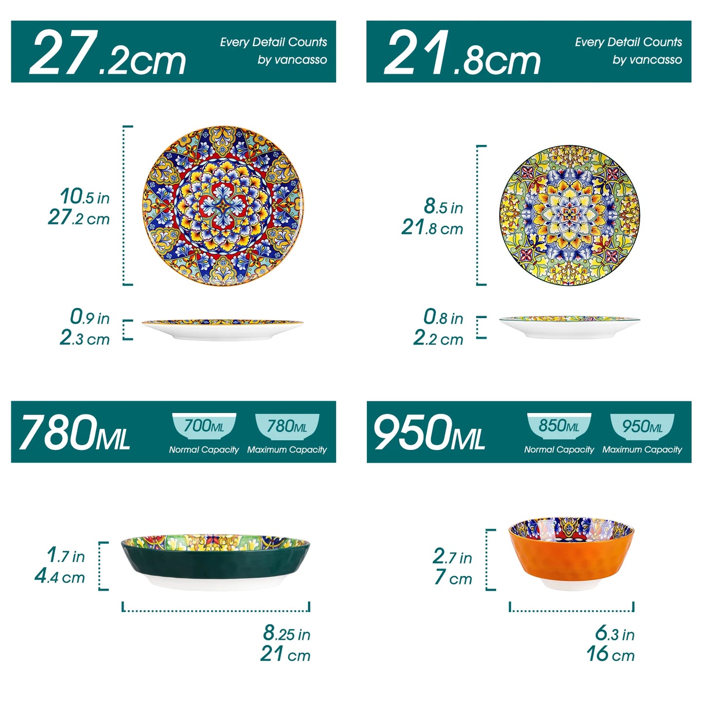 Vancasso 12/16/18/24 Piece Ceramic Dinnerware Set Stoneware Bohemian Style with Dinner/Dessert Plate/Cereal/Pasta Bowl For 6