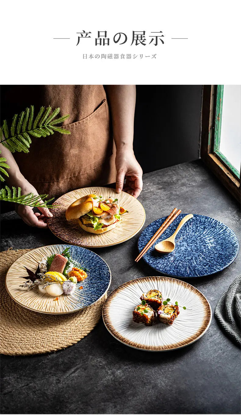 Ceramic Steak Plates Set Dinnerware Underglaze Flat Round Plates for Home Kitchen Restaurant Service