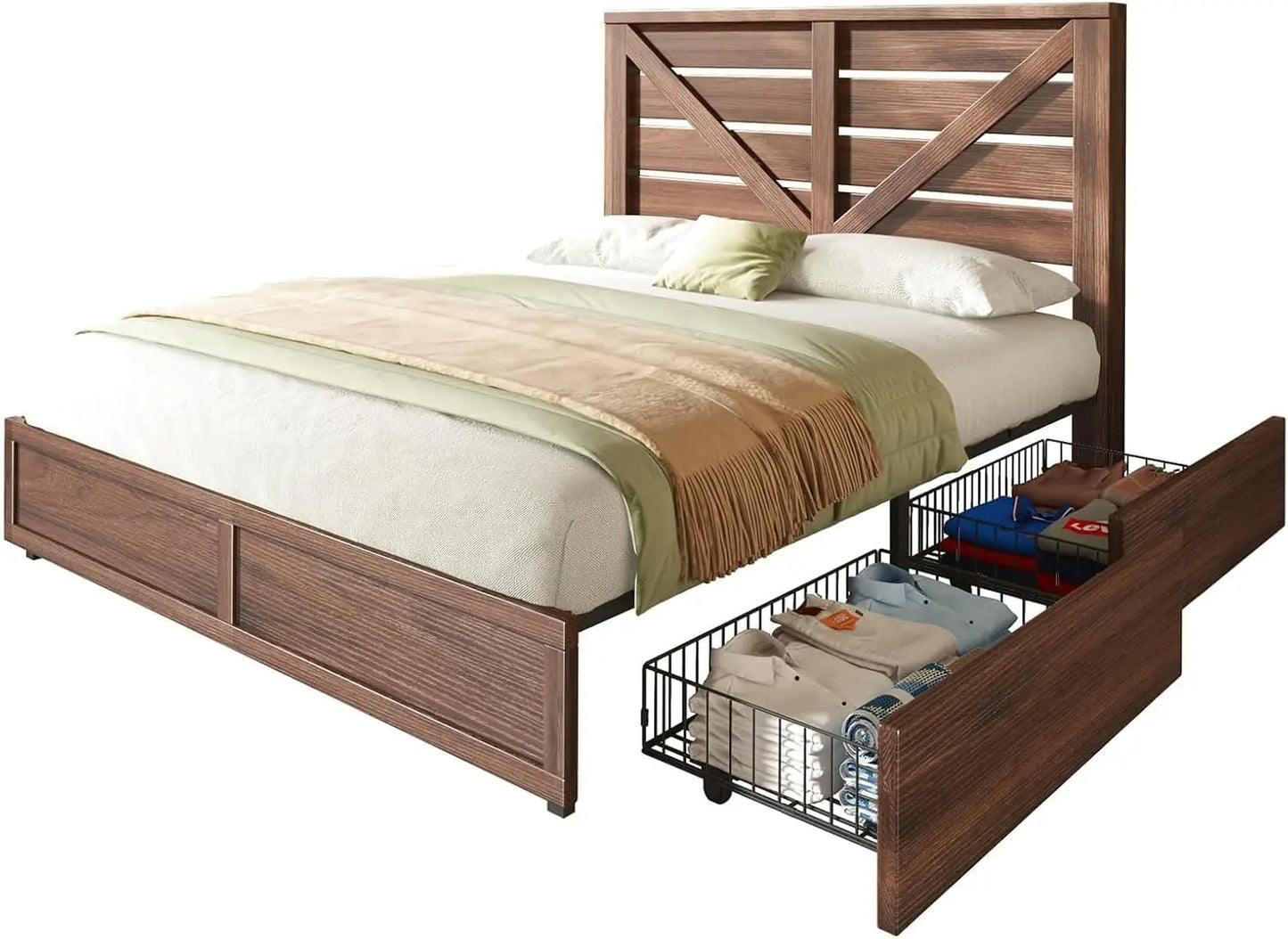 Queen Size Farmhouse Bed Frame with 4 Drawers, Wooden Storage Bed Frame with Headboard and Heavy Duty Metal Slats,Custom