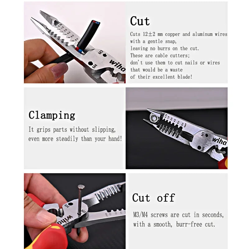 Wiha 6-in-1 Multifunctional Insulated Wire Strippers Industrial Electrician 1000V VDE Pointed Crimping and Cutting Pliers