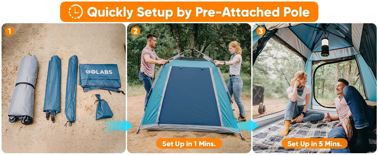 Pop Up Camping Tent for 2/3/4 Person, 1-Min Setup by Pre-Attached Pole, 4 Side Mesh& Door for View/Airflow, CT2 Instant Canopy Tent with PU1500mm Waterproof, for Outdoor/Camping/Music Festivals