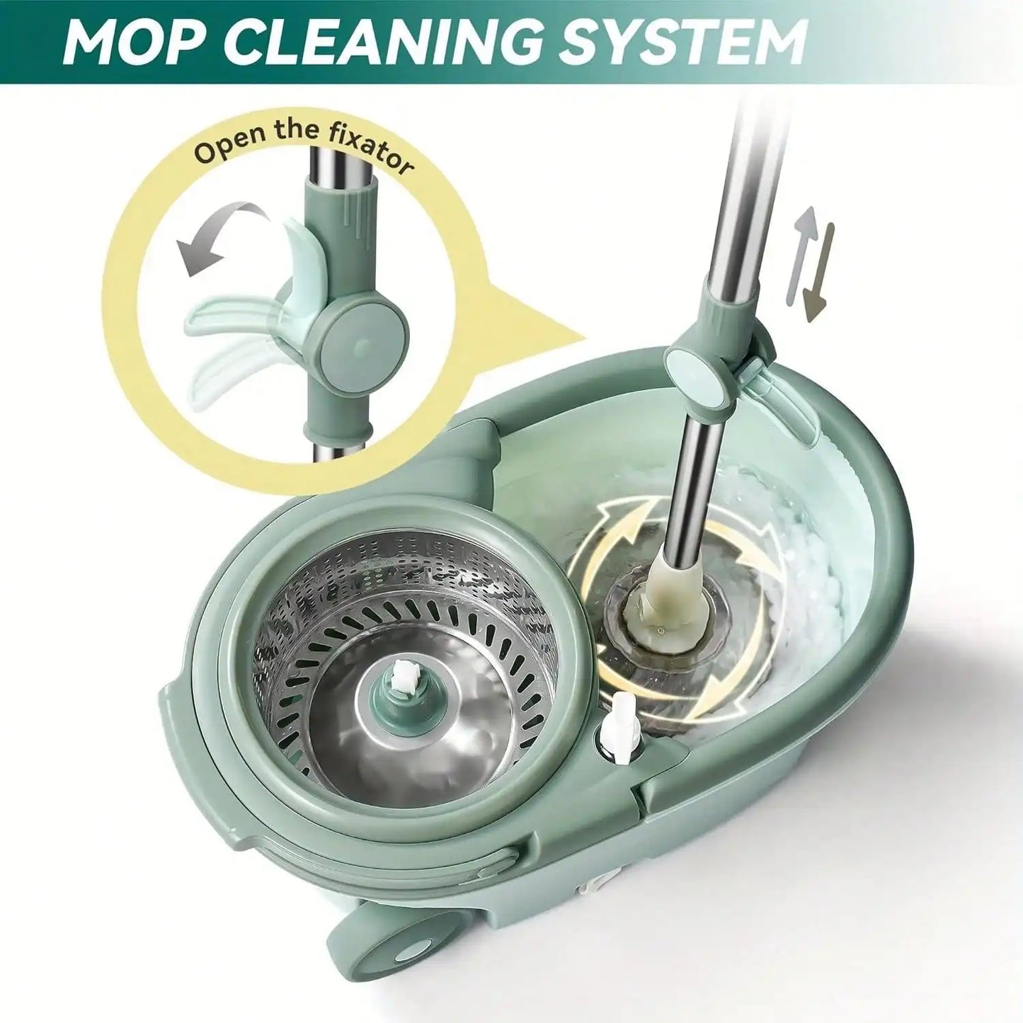 360° Spin Mop And Bucket System With Wringer - 61" Stainless Steel Handle & 2 Microfiber Refills, Self-Cleaning Floor Mop For Tile, Hardwood, Laminate Floors (Green)