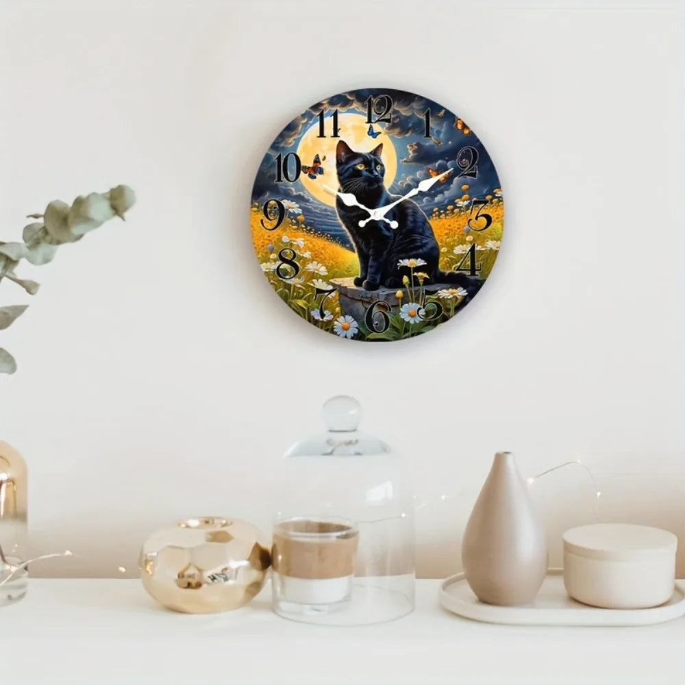 One Pack, Moon and Kitten Scene Silent Wall Clock, Suitable for Home Decor, Gift Giving, AA Battery