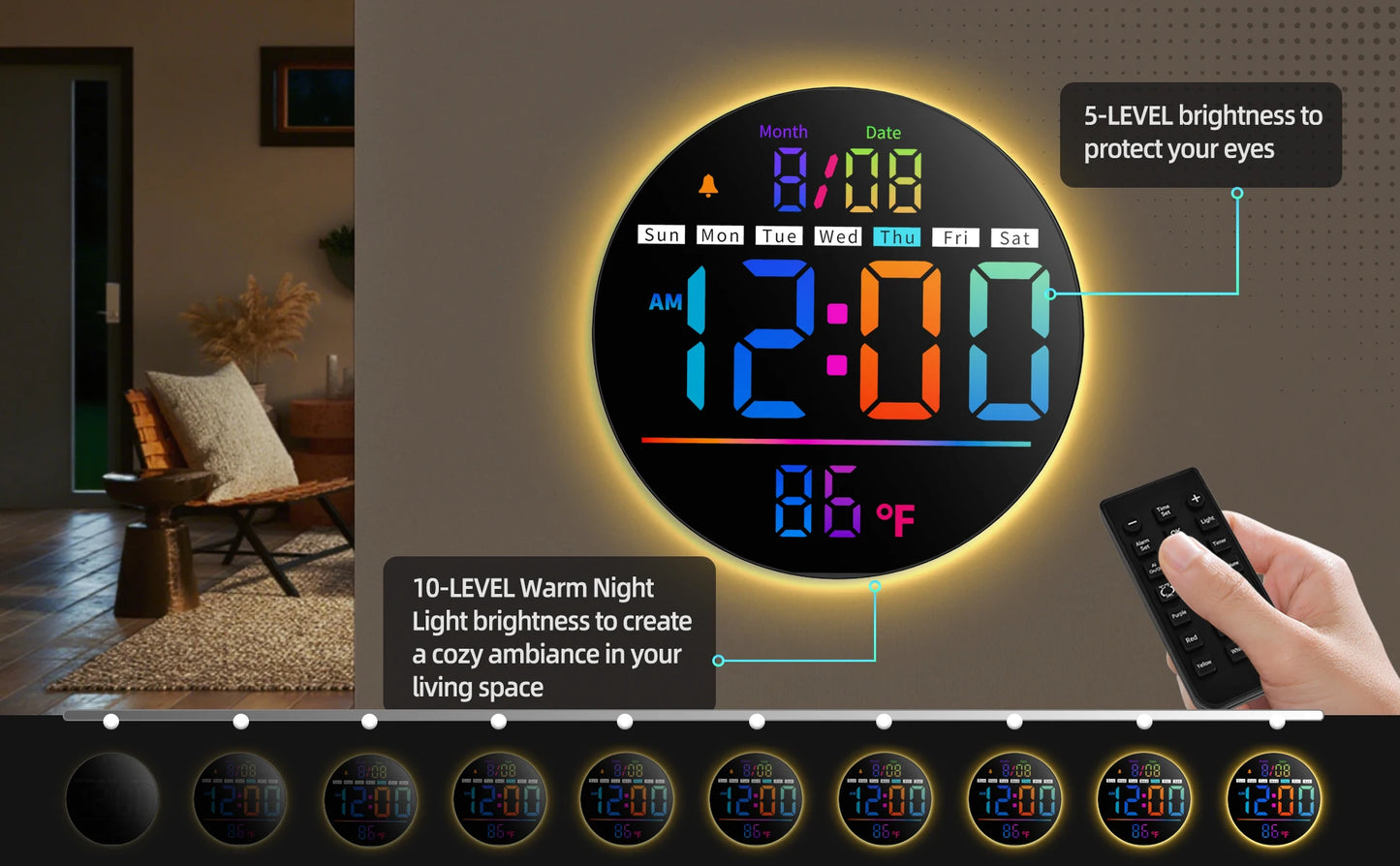 8‘’LED Wall Clockwith Timer,Temperature,Date,Night Light,RGB Color,Alarm,5-Level BrightnessDigital Clock for Classroom,Bedroom