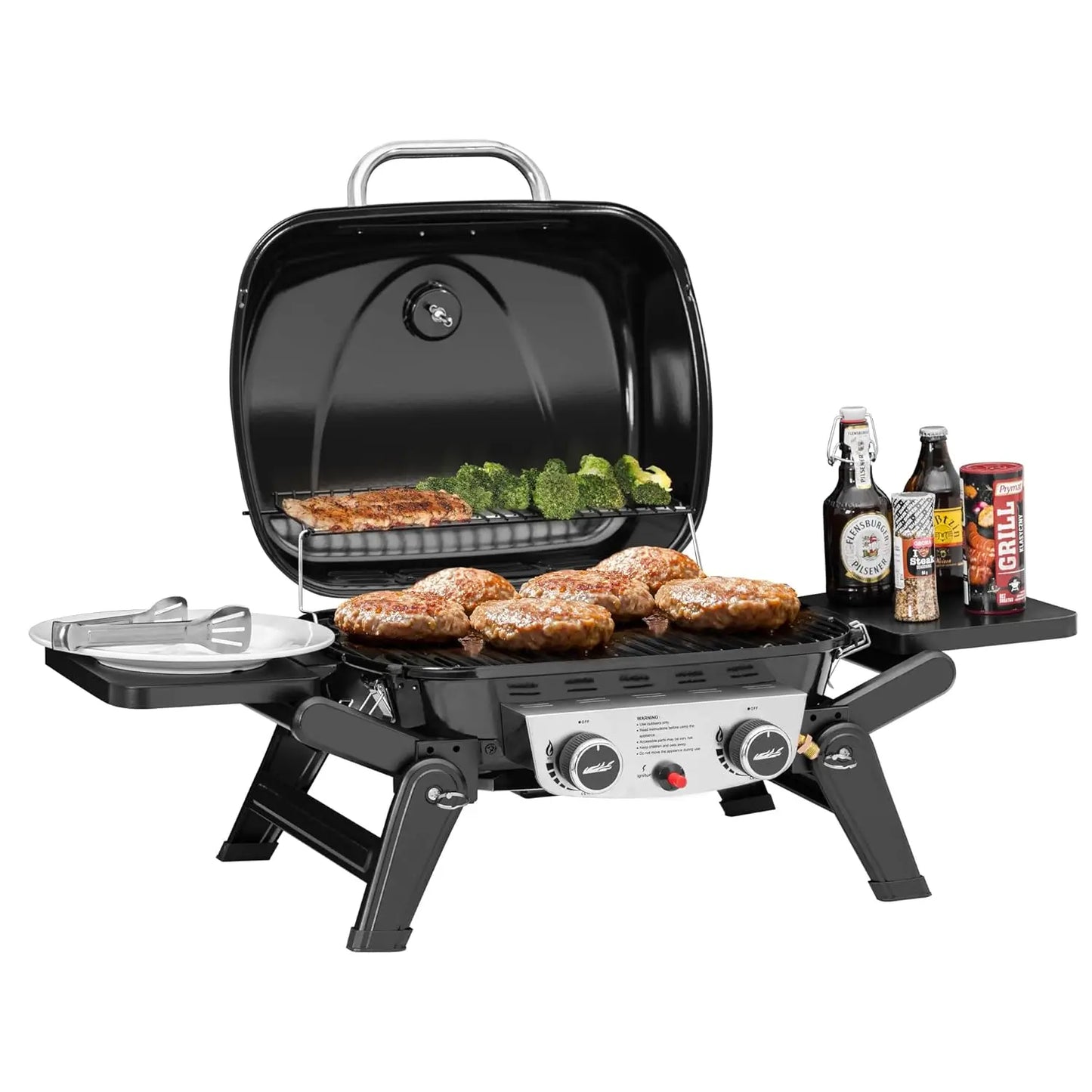 2-Burner Portable Propane Gas Grill Foldable Side Tables Legs Warming Rack Outdoor Travel Picnic Tailgate Camping, Custom