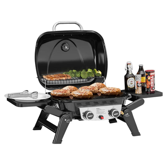 2-Burner Portable Propane Gas Grill Foldable Side Tables Legs Warming Rack Outdoor Travel Picnic Tailgate Camping, Custom