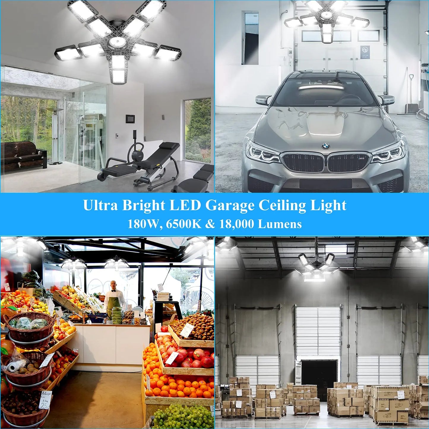 LED Garage Lights with 7/10+1 Adjustable Panels E26/E27 Ceiling Shop Work Lamp 150W 6500K Bulb for Workshop Industrial Lighting