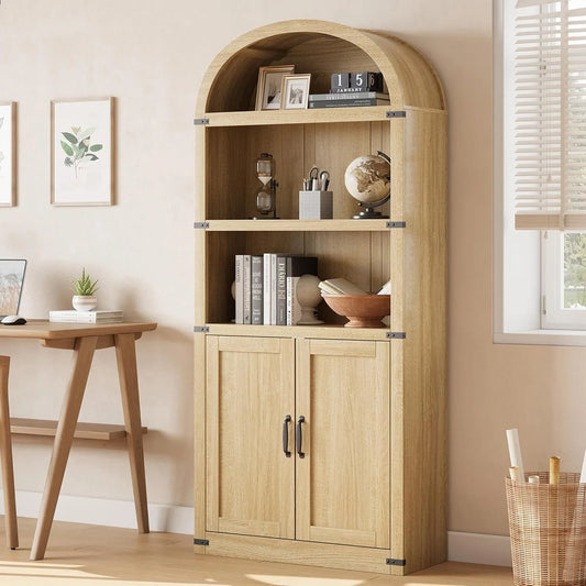 Bookcase with Doors Arched Bookshelf 71.65in Tall Bookcase Farmhouse Cabinet with Shelves Wooden Bookshelves for Home Office