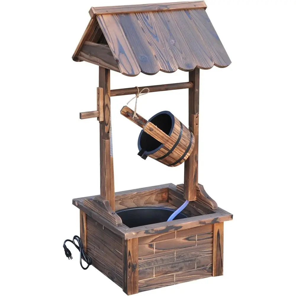 Outdoor Wooden Wishing Well Fountain with Adjustable Water Flow Rate, Outdoor Rustic Waterfall with Electric Pump, Water Bucket,