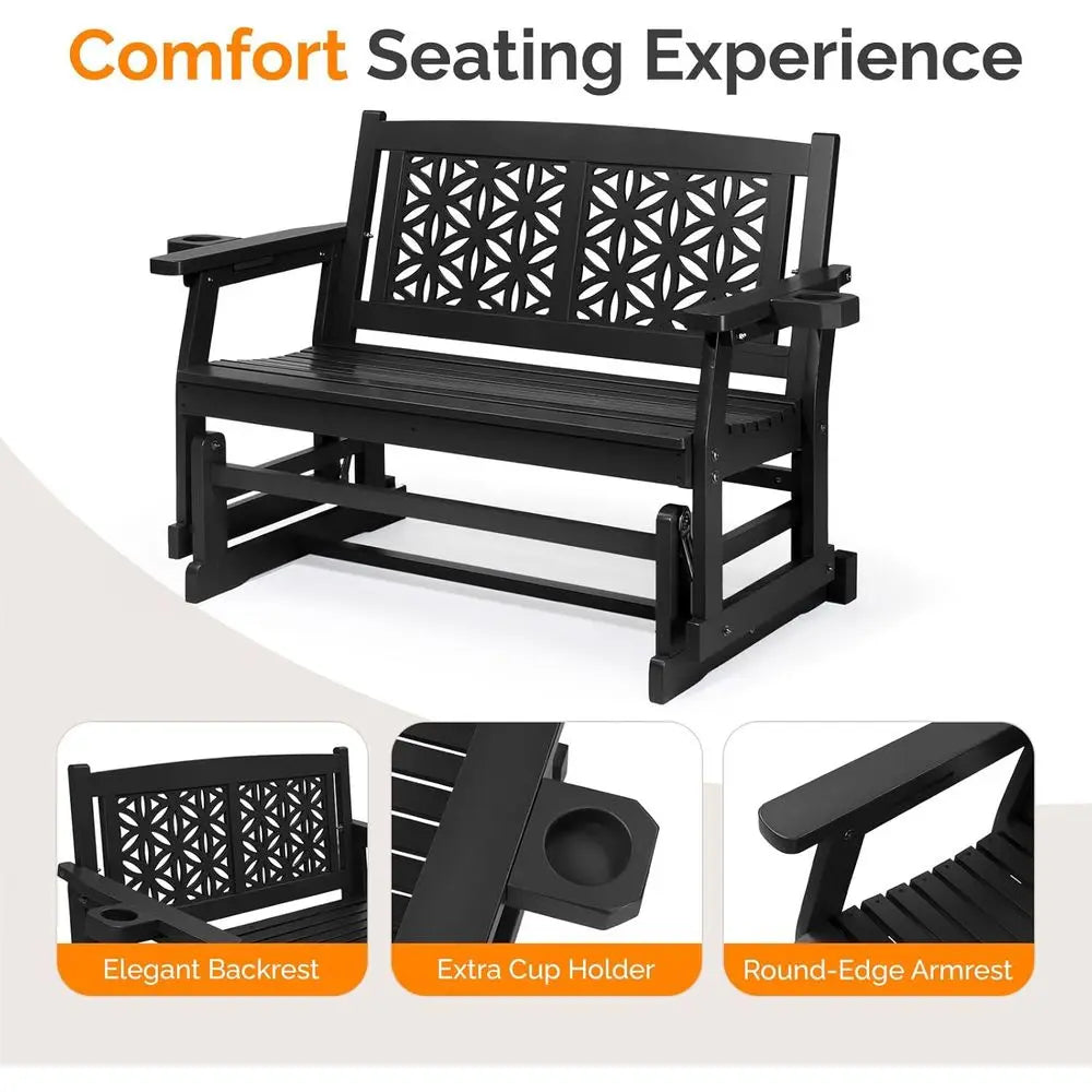 Wooden Outdoor Glider Bench with Floral Backrest, Patio Rocking Chair with Cup Holders, Ideal for Garden, Yard, and Porch (Black