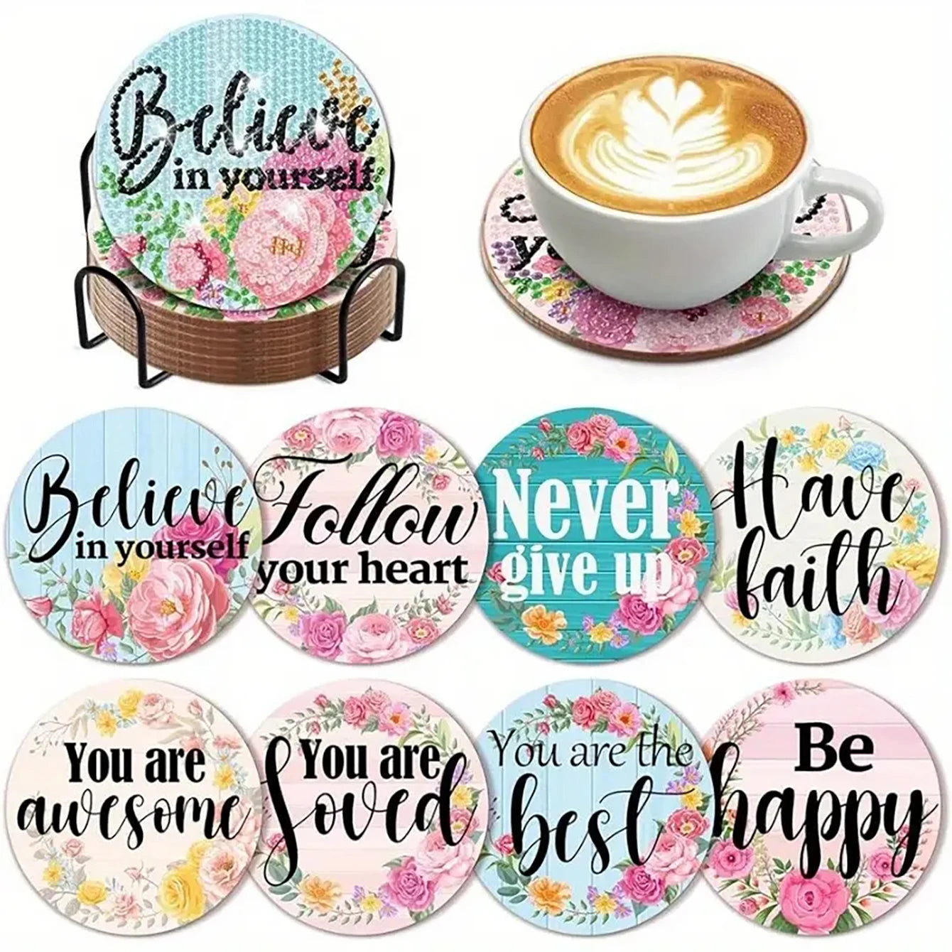 8 pieces/set animal horse pattern diamond painted coaster set with holder DIY coaster beginner coaster, craft supplies gift