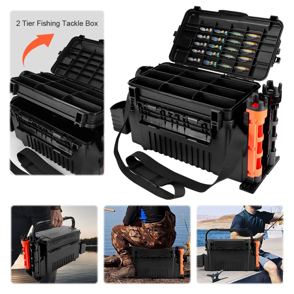 2 Tier Fishing Tackle Box Fishing Gear Box with Cup & Rod Holder Fishing Gear Carry Case Fishing Tool Box Fishing Accessories