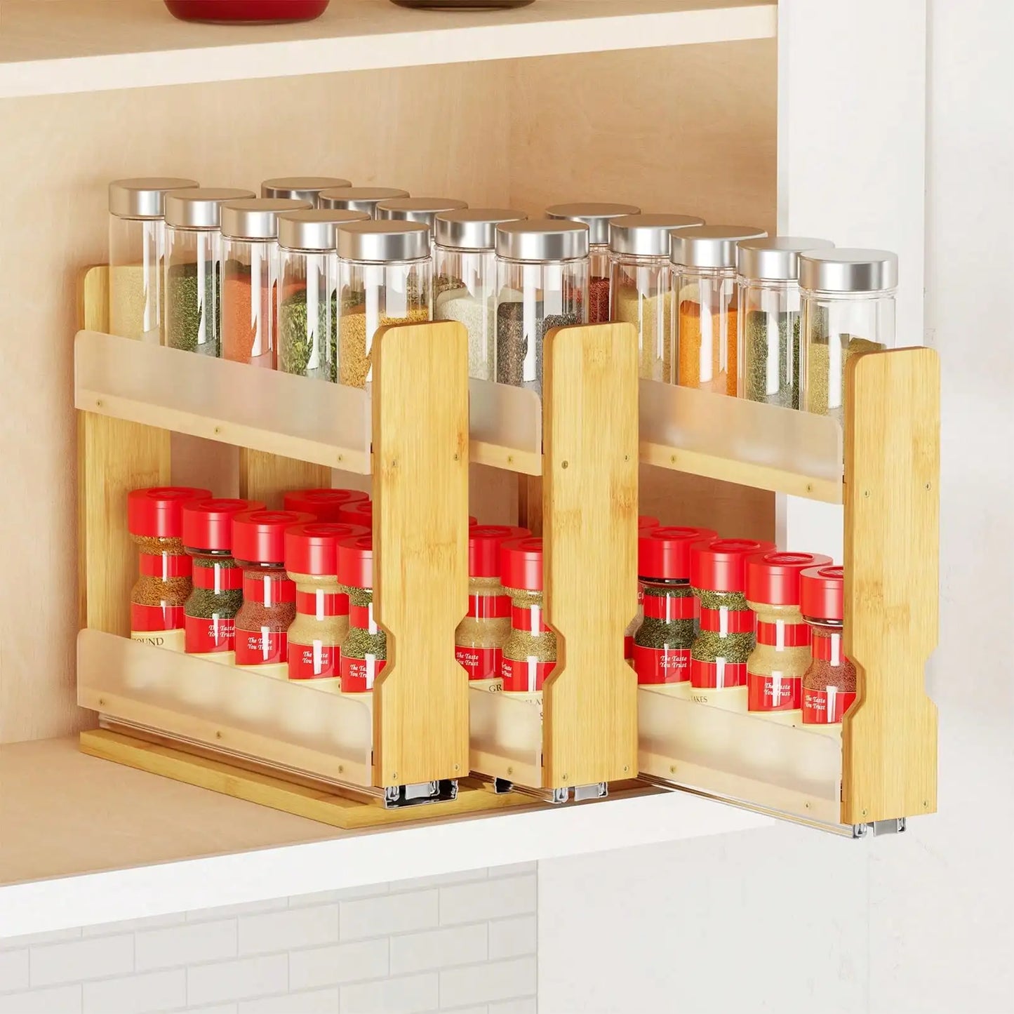 Pull Out Spice Rack Organizer For Cabinet Natural Bamboo Wooden 2 Tier Slide Out Spice Shelf Heavy Duty Sliding Seasoning Jar Holder Rack For Kitchen Cabinet Pantry Countertop Organization Housewarming Gift