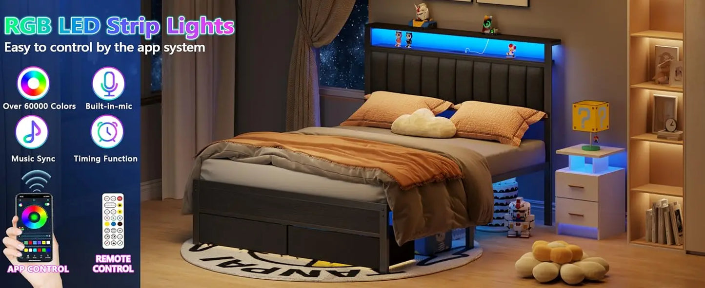 Queen Bed Frame with Charging Station and LED Lights, Grey Upholstered Headboard with Shelves, Metal Platform Bed with 2 Under-Bed Storage (Fabric Drawer on Wheels), No Box Spring Needed