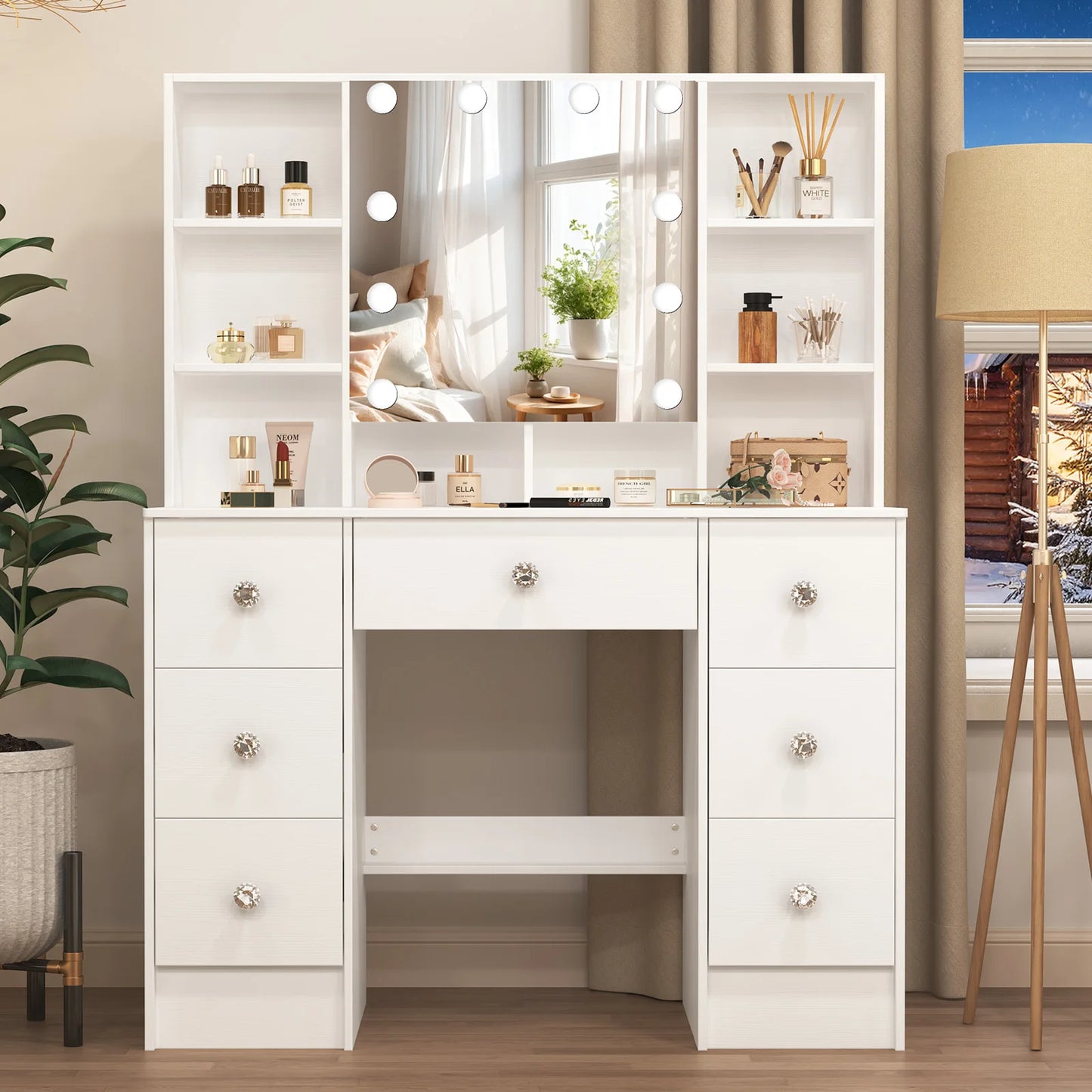 Large LED Vanity Dressing Table Set with Mirror, 7 Drawers Storage Makeup Desk, Crystal Pull Handles, Dimmable Glam Decor for Bedroom