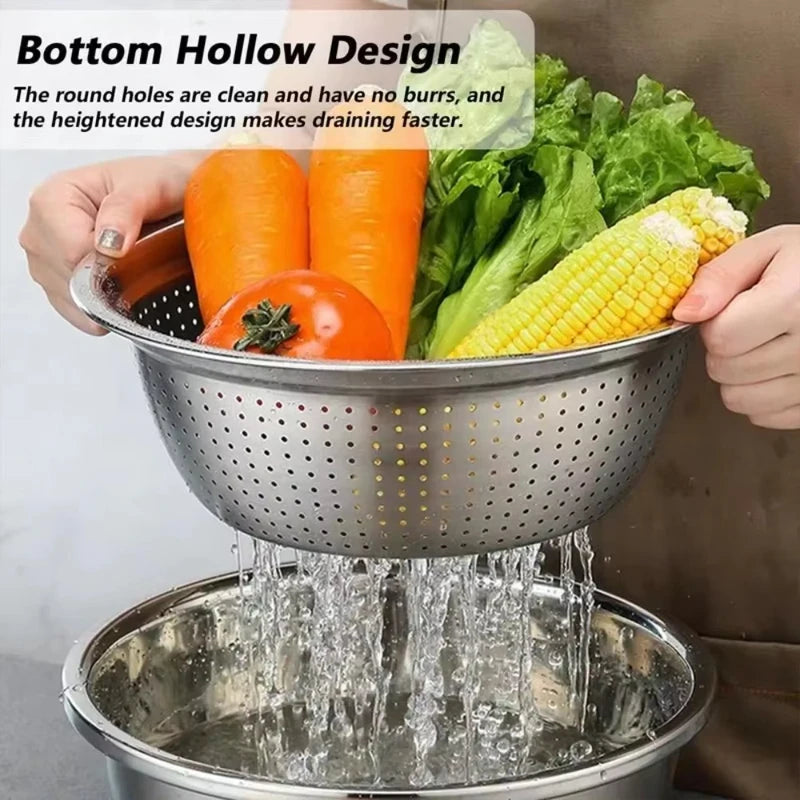 Vegetable Slicer Set 3PCS/1Set Stainless Steel Potato Cutter with Washing Basin Drain Basket Multifunctional Vegetable Chopper