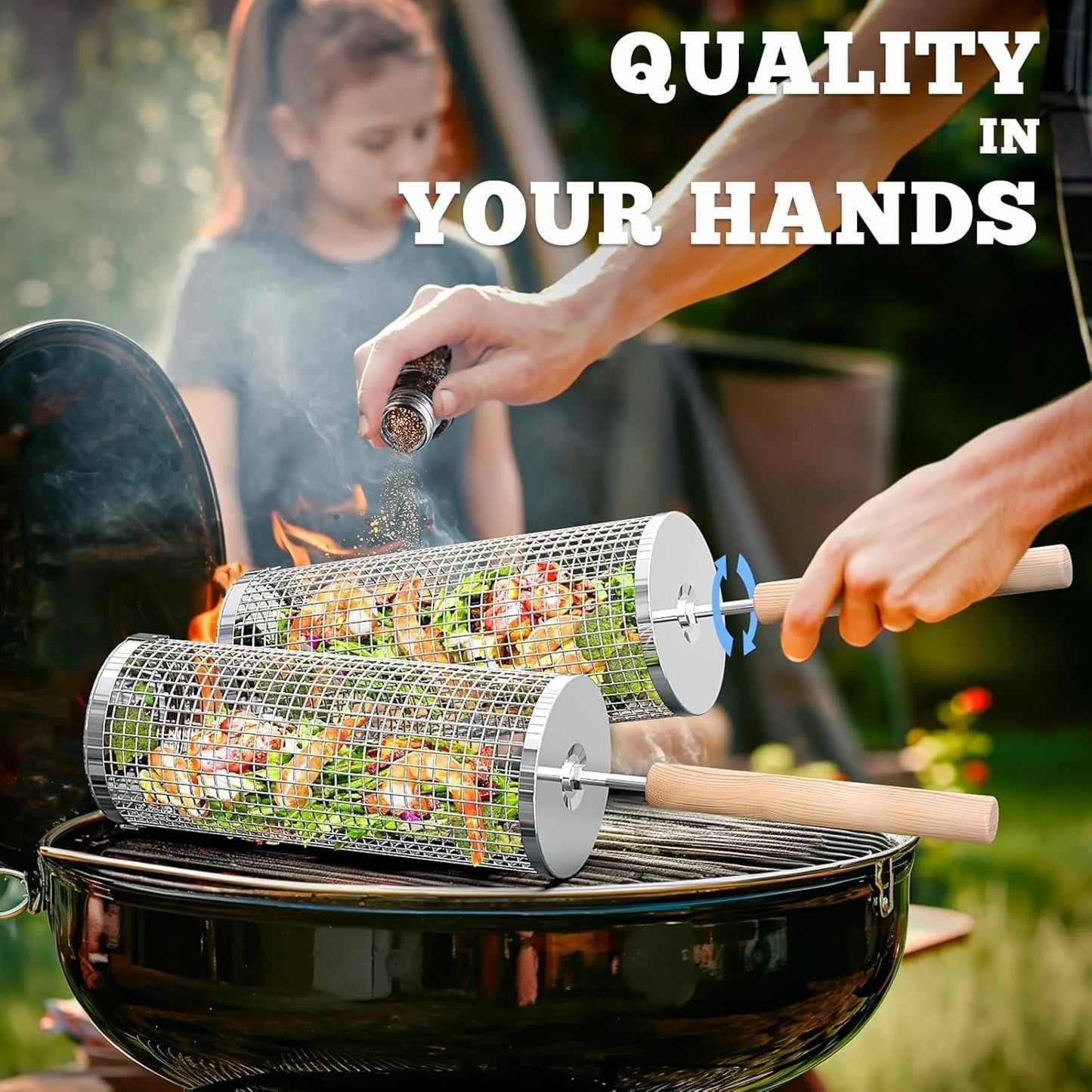 Rolling BBQ Cage with Wooden Handle - Outdoor BBQ Grill Basket | 304 Stainless Steel Grill Cylinder & Grill Net