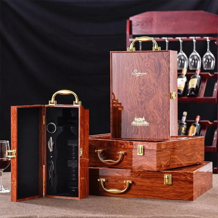 Double Leather Box Wine Bottle Box Luxury Handle Wooden Wine Box Organizer Gift Wood Wine Holder for Red Wine Champagne