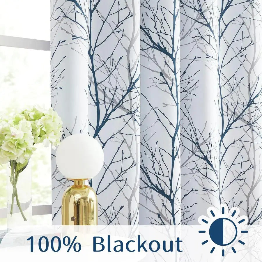 100 Blackout Curtains for Bedroom, Blue White Tree Curtains 84 Inches Long for Living Room, Grey Farmhouse Room Darkening Window