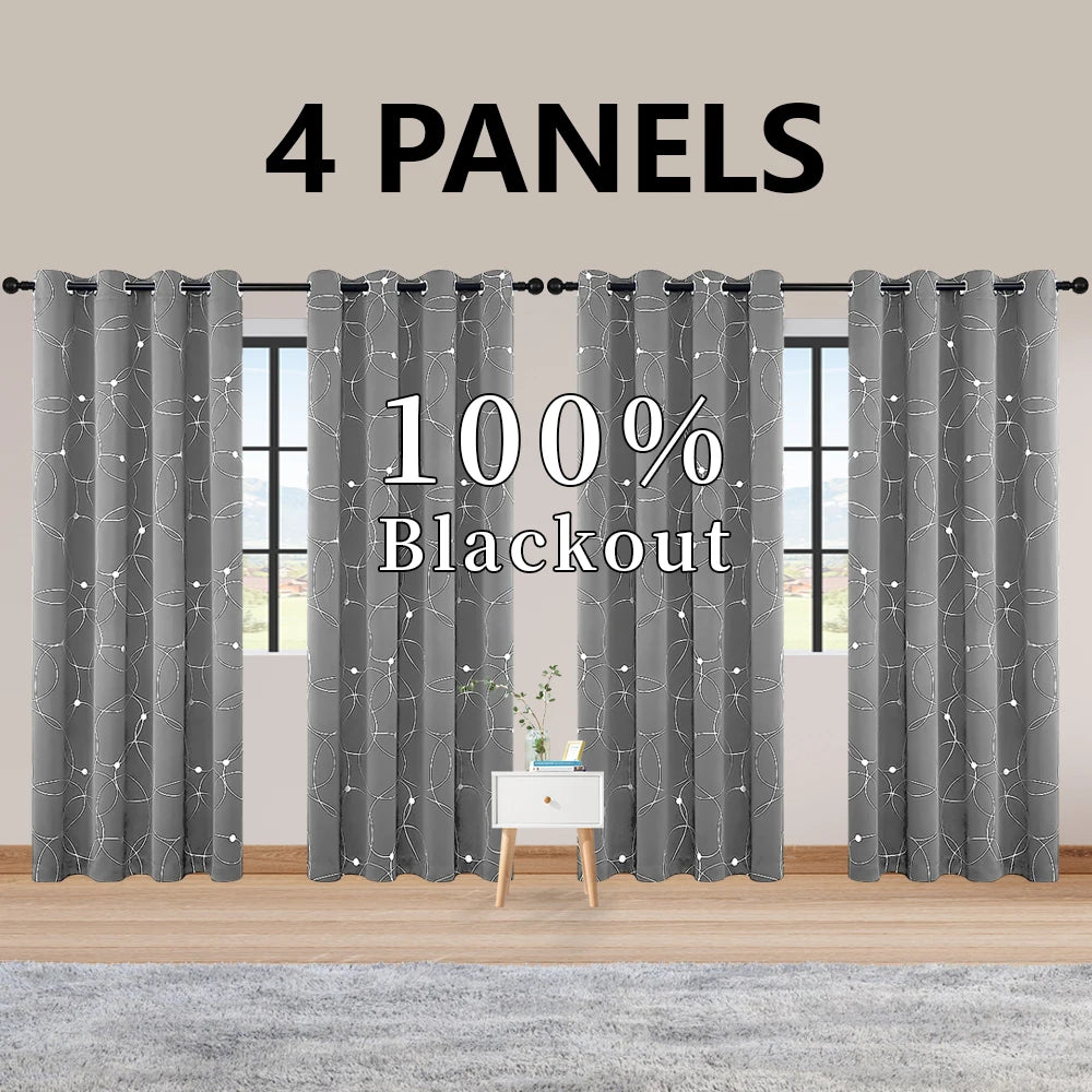 4PCS Blackout Curtains Grommet Thermal Insulated Room Darkening With Circle And Dots Foil Printed