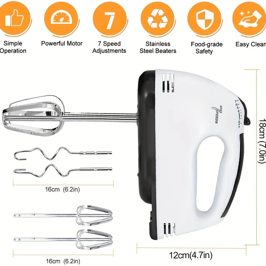 Electric Hand Mixer with 7 Speeds,Food Grade Handheld Egg Beater with Stainless Steel Beaters, Mini Whisk for Baking, Cake,Cream