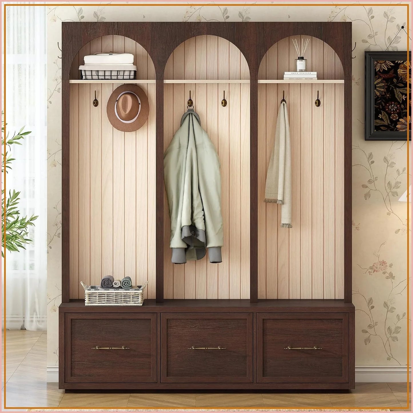 Farmhouse Wood Hall Tree with Shoe Bench & 3 Drawers, 4-in-1 Coat Rack 8 Hooks for Entryway, Hallway