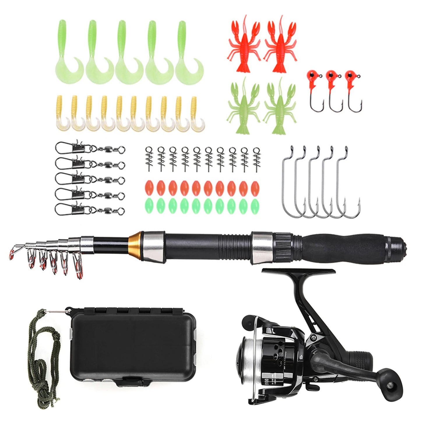 US Fishing Rod Reel Combo Full Kit 1.5m Telescopic Fishing Rod Spinning Reel Set with Hook Soft Lures Barrel Swivels Storage Bag