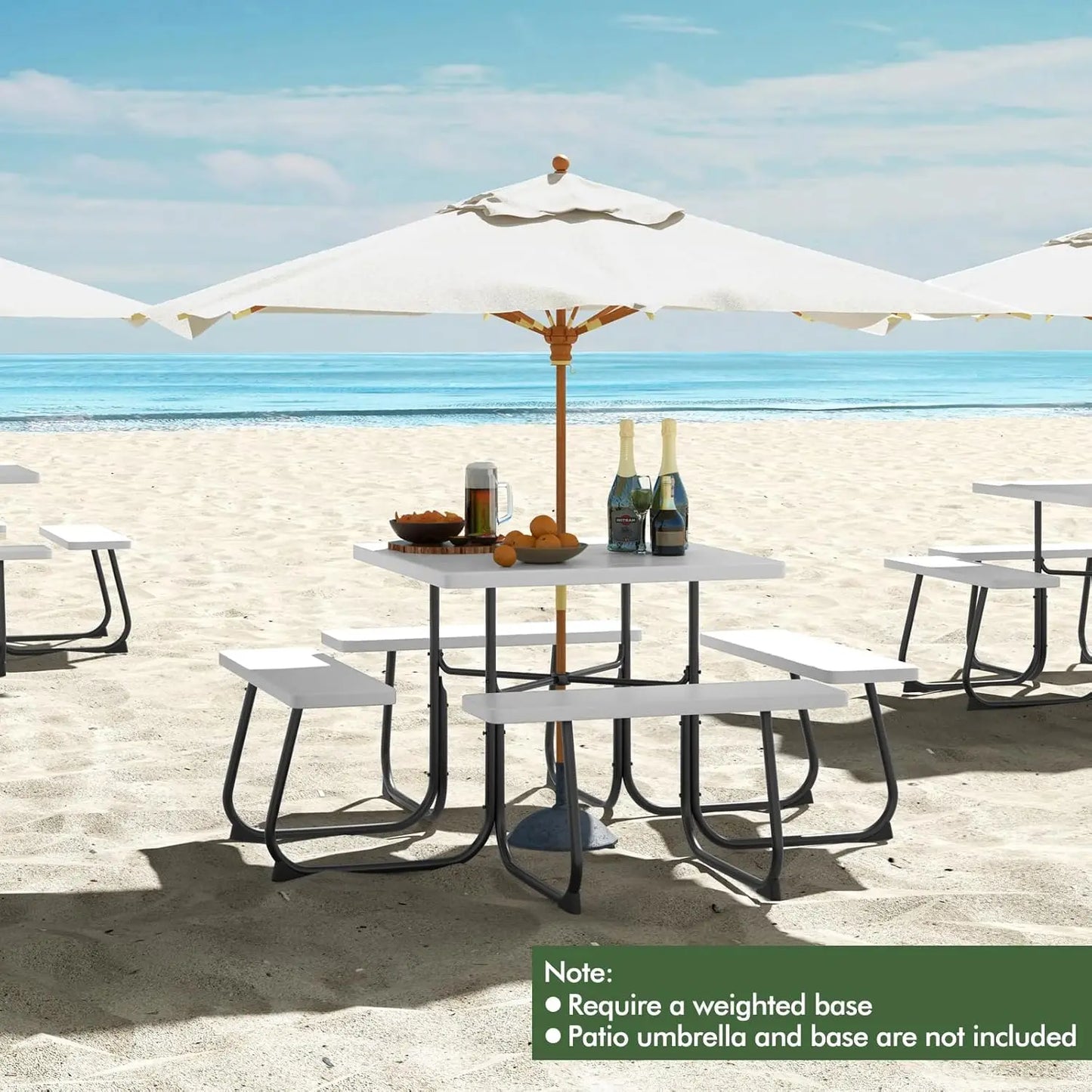 4-8 Person Square Picnic Table Bench Set with Umbrella Hole, Outdoor Camping Table HDPE Material Metal Frame for Patio Garden