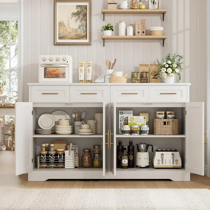 HOSTACK 60" Large Buffet Sideboard with Storage, 36" Tall Kitchen Buffet Storage Cabinet with 4 Drawers, Modern Coffee Bar