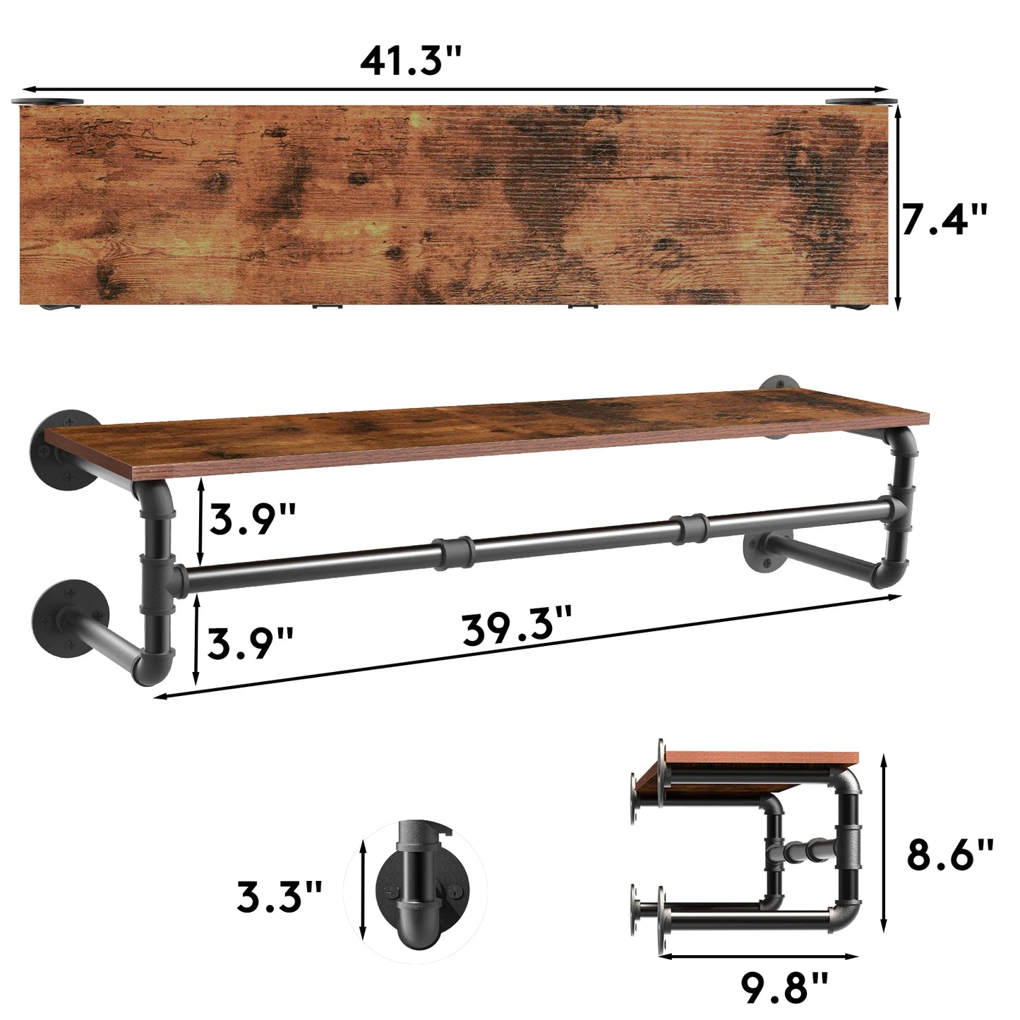 Industrial Pipe Clothes Hanging Rack with Wood Shelf Wall Mounted