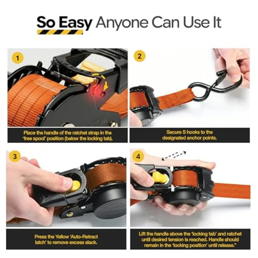 Retractable Ratchet Straps 2 Heavy Duty Ratchet Straps Self Retractable Tie Downs with Soft Loops and Storage Bag for Motorcycl