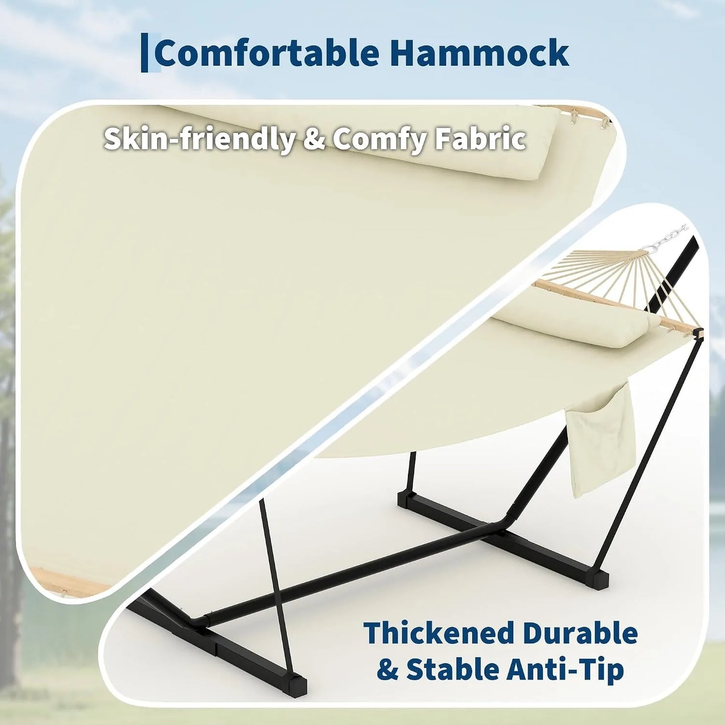 2-Person Hammock with Stand for Outside, 450lbs Double Hammock with Balance Rope and Pillow, Polyester Hammock Set for Backyard Poolside Camping Beach, Off White