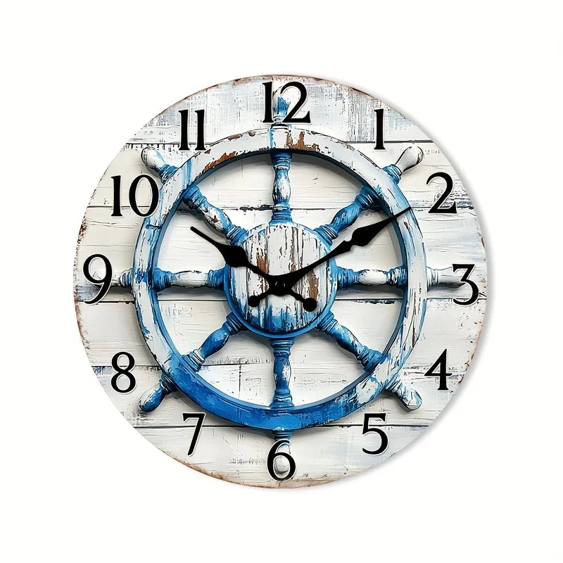 1pc 2D Flat Wall Clock Non-Ticking Wooden, Circular Clock Nautical Wooden Ship Wheel Design for Kitchen, Study Room, Hallway, Li